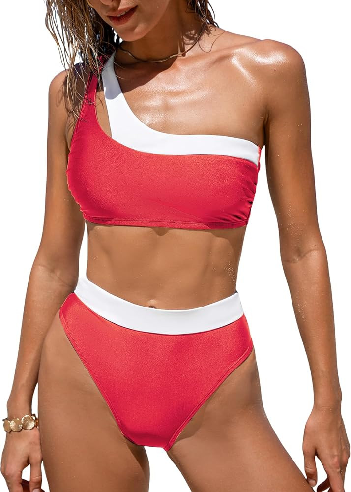 CUPSHE Women's Bikini Sets Two Piece Swimsuit High Waisted One Shoulder Neck Cutout Color Block C... | Amazon (US)