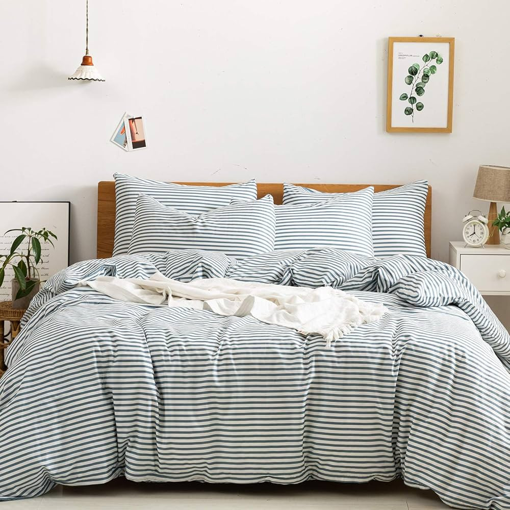 JELLYMONI 100% Natural Cotton 3pcs Striped Duvet Cover Sets,White Duvet Cover with Grayish Blue S... | Amazon (US)