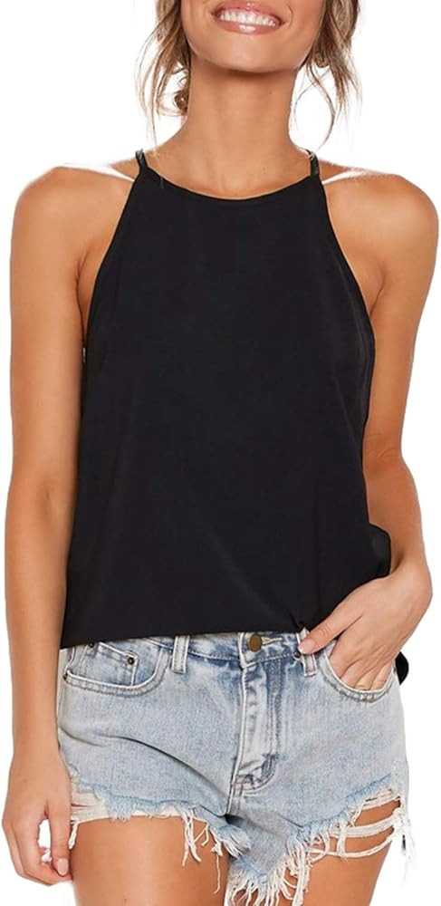 Womens Tops Sleeveless Halter Racerback Summer Basic Tee Shirts Cami Tank Tops Beach Blouses | Amazon (US)