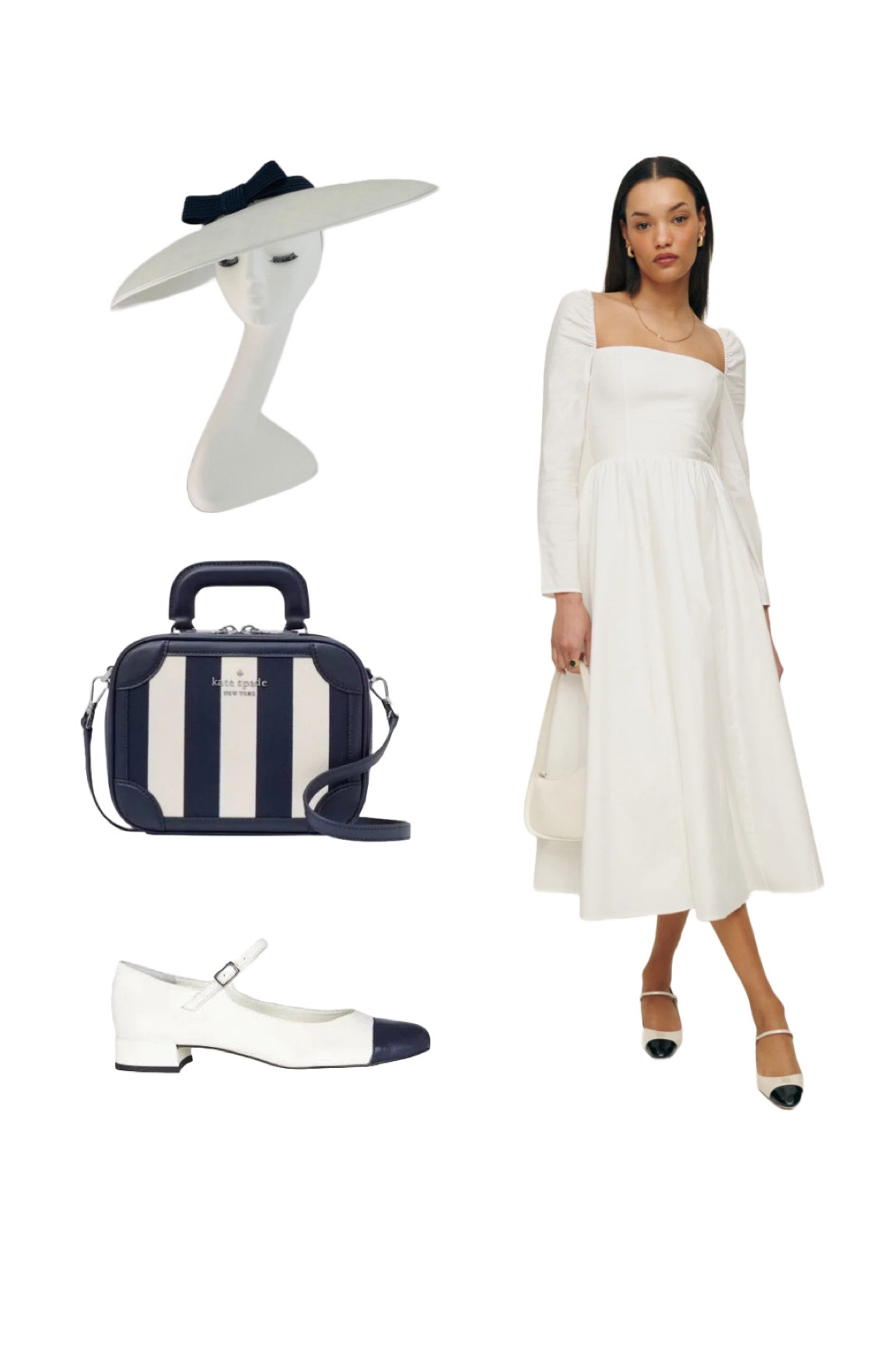 Nautical detailing for this simple but perfect in every way dress by Reformation - currently on sale! I partnered the look with a Kate Spade New York top handle mini grab bag in ivory and navy blue stripe from Ebay, Augusta Marine Mary Janes from 24s (much cheaper than via Augusta’s website) and a fabulous ivory hat with navy bow detail from Etsy. This subtle nautical look would be great for a high summer wedding, day at the races or glamorous event. You could wear this outfit every summer for the next ten years and it would still be timeless ⚓️

#LTKsale #LTKuk #LTKeurope