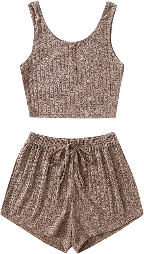 SOLY HUX Women's Button Front Ribbed Knit Tank Top and Shorts Pajama Set Sleepwear | Amazon (US)