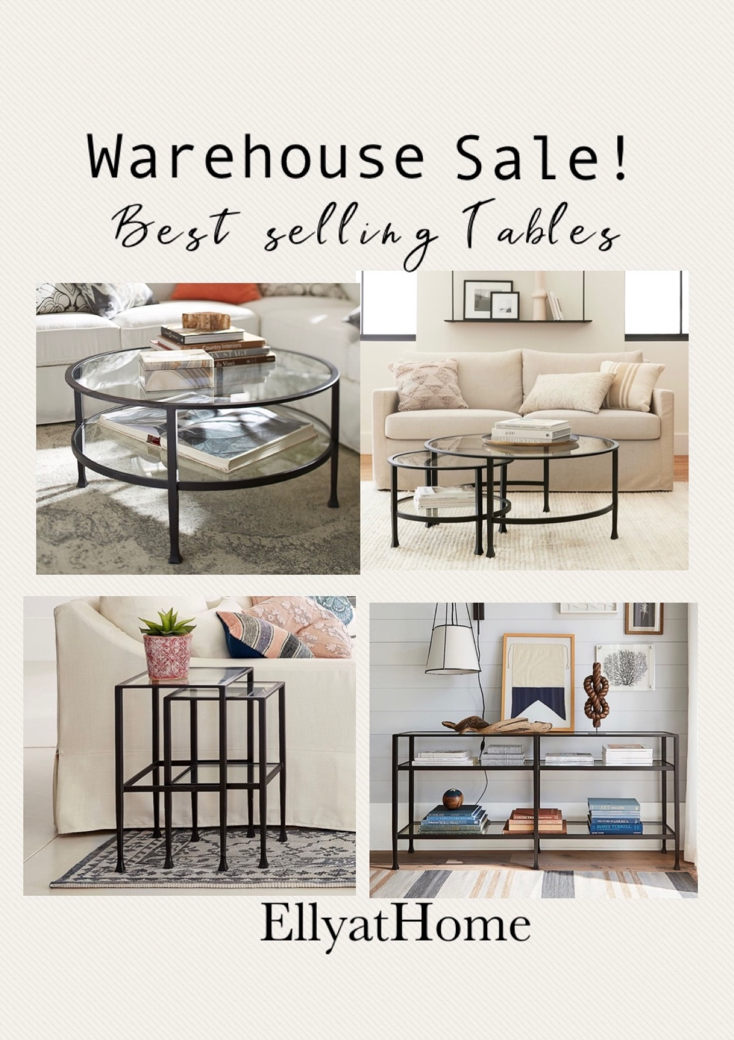 Warehouse sale at Pottery Barn. Best selling Tanner table collection. Dark bronze and glass coffee table, nesting tables, console table, end tables. Sales alerts. 4th of July sales. 

#LTKhome #LTKFind #LTKsalealert