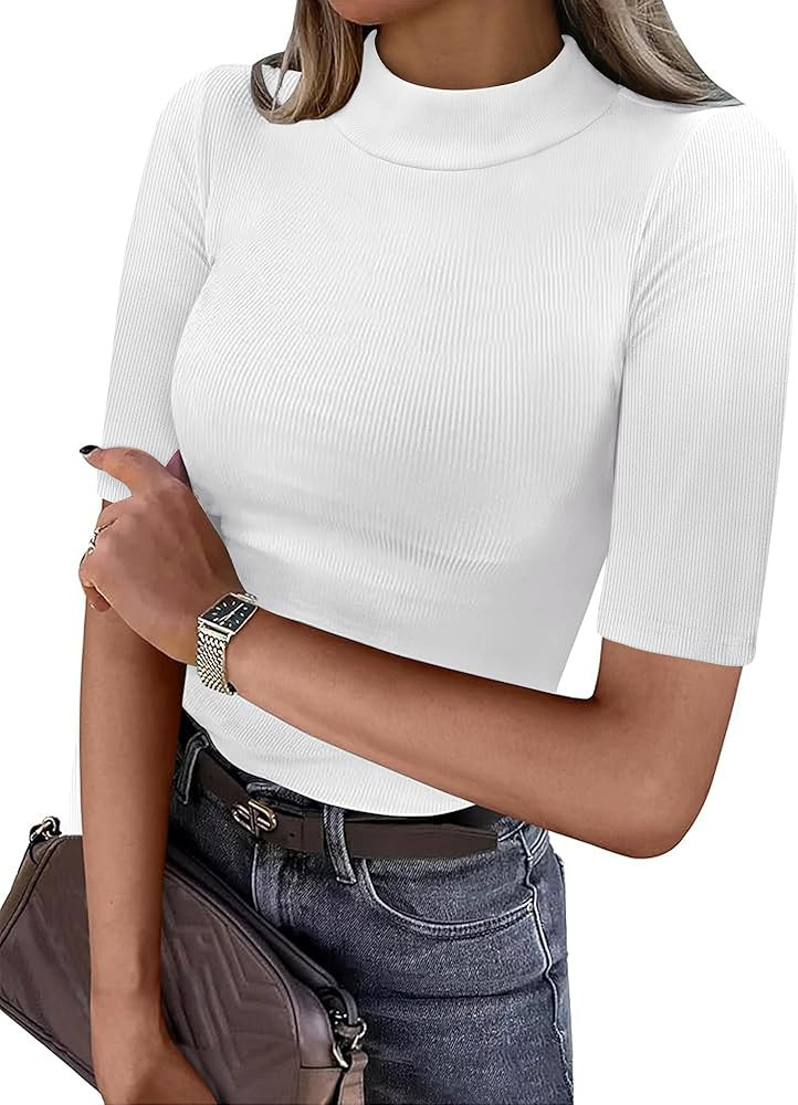 ANRABESS Womens Basic Ribbed Tee, Mock Neck Half Sleeve, Soft Comfort for Office & Casual Outings... | Amazon (US)