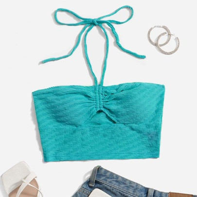 WYWH Vacation Drawstring Cut Out Front Green Halter Going Out Crop Top | SHEIN