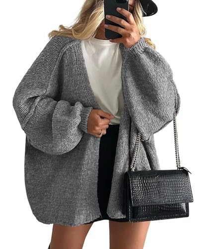 PRETTYGARDEN Womens Cardigan Sweaters 2025 Fall Trendy Long Lantern Sleeve Knitted Open Front Lightweight Sweater (Grey,Medium) | Amazon (US)