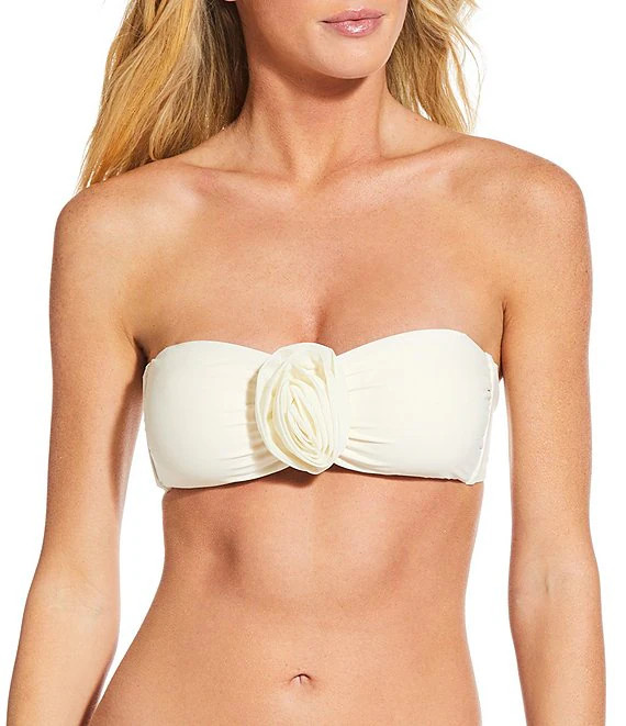 Gianni Bini Solid Rosette Strapless Tie Back Bandeau Swim Top & Solid Rosette V-Scoop Front Swim ... | Dillard's