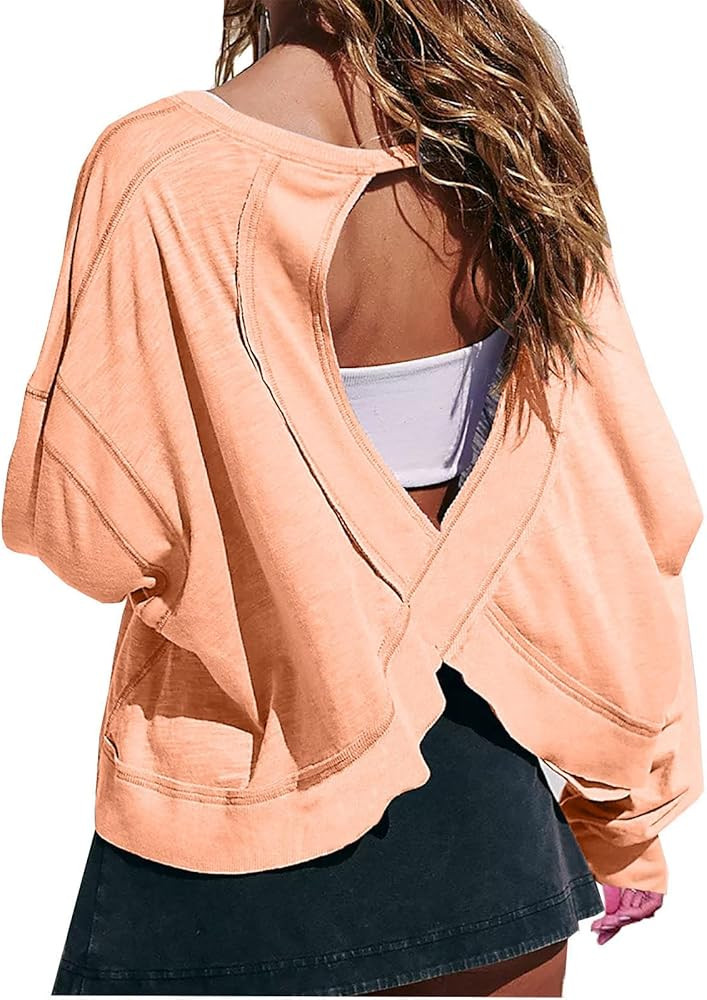 Womens Open Back Workout Top Oversized Long Sleeve Athletic Shirts Backless Y2k Crop Tops Casual ... | Amazon (US)