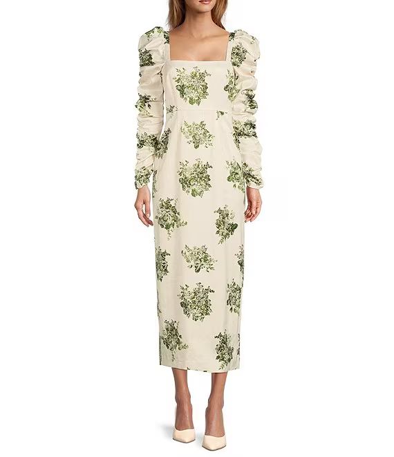 Elena Embroidered Floral Print Square Neck Long Puffed Sleeve Midi Dress | Dillard's