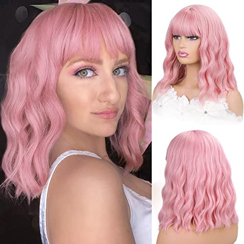 ITTAYLER Pink Wig with Bangs Short Wavy Pink Wigs for Women Bob Wig 14 Inch Shoulder Length Middle Part Pastel Wig Curly Synthetic Colored Wigs for Girls Daily Cosplay Party Use | Amazon (US)