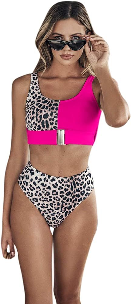 Floerns Women's High Waist Leopard Bikini Buckle Front Two Piece Swimsuit | Amazon (US)