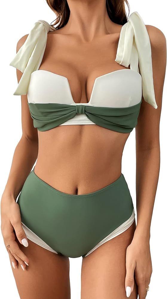 SPORLIKE Women Two Pieces Bikini Shoulder Straps Tie Swimsuit Molded Cup Bathing Suit | Amazon (US)