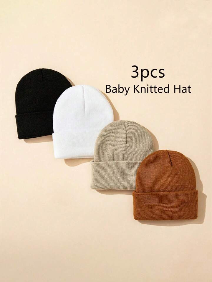 1/2/3pcs 0-24M Months Baby Hats Newborn Beanie Winter Warm Thicker Solid Color Knitted Hat Soft E... | SHEIN
