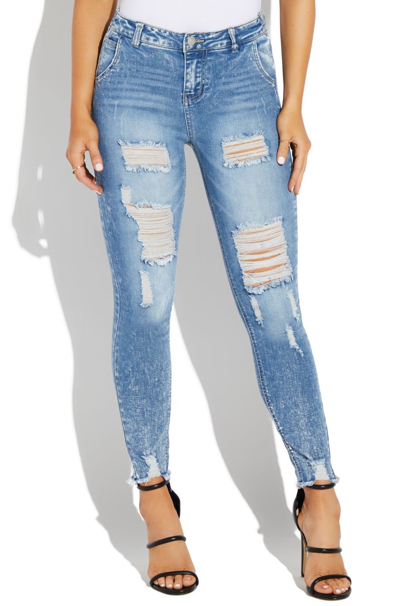 Shoedazzle Distressed Faded Jeans With Frayed Hem Womens Medium Wash Size S | ShoeDazzle