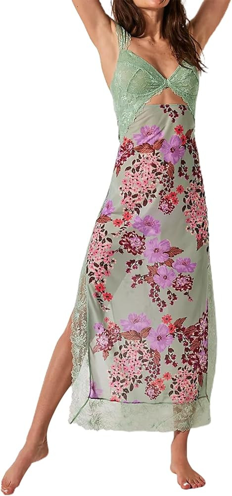 TRURENDI Women Spaghetti Strap Long Dress Ruffled Floral Print Sleeveless Dress Summer Cocktail P... | Amazon (US)