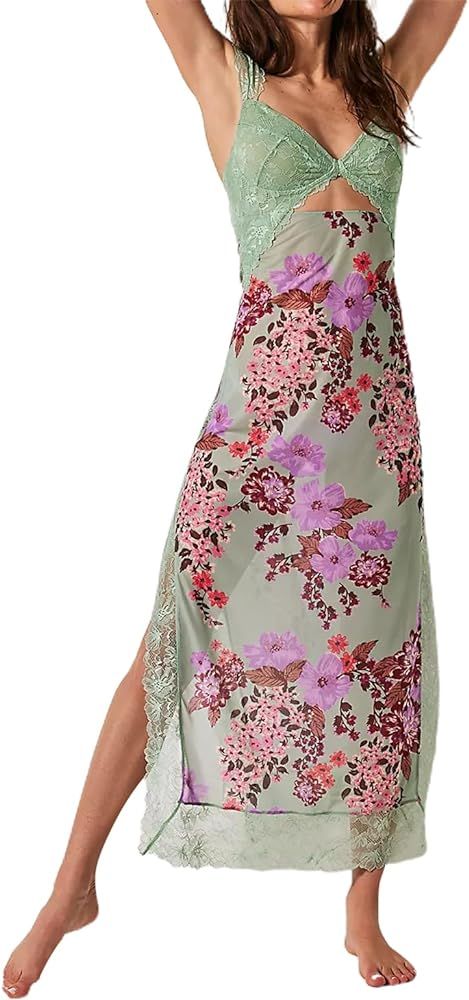 Women's Printed Backless Bodycon Maxi Dress Sleeveless Lace Patchwork Dress Y2K Spaghetti Strap L... | Amazon (US)