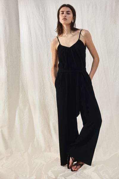 Tie-belt Jersey Jumpsuit - V-neck - Sleeveless - Light beige/black patterned - Ladies | H&M US | H&M (US + CA)