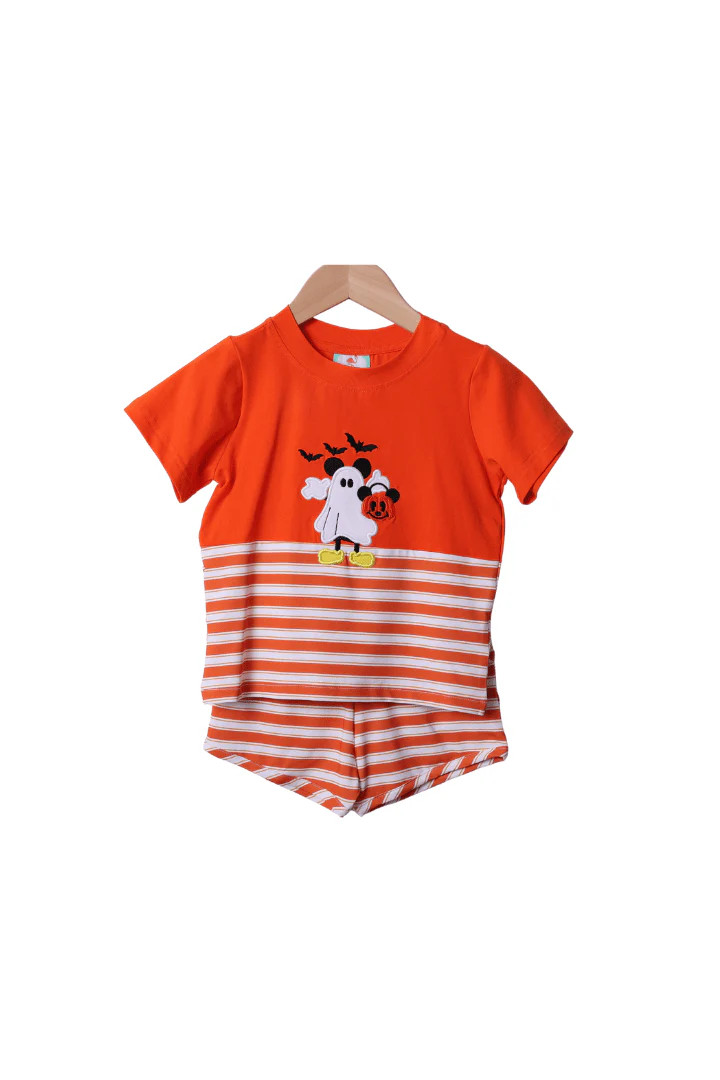 Applique Spooky Mouse Orange Stripe Short Set | The Smocked Flamingo