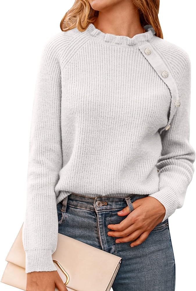 BTFBM Women's Sweaters Casual Long Sleeve Button Down Crew Neck Ruffle Knit Pullover Sweater Tops... | Amazon (US)