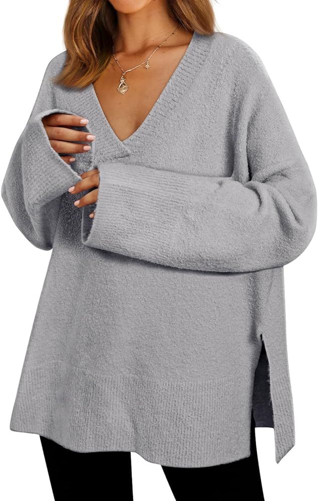 LILLUSORY Women's V Neck Oversized Sweaters 2023 Fall Long Sleeve Side Slit Fuzzy Knit Chunky War... | Amazon (US)