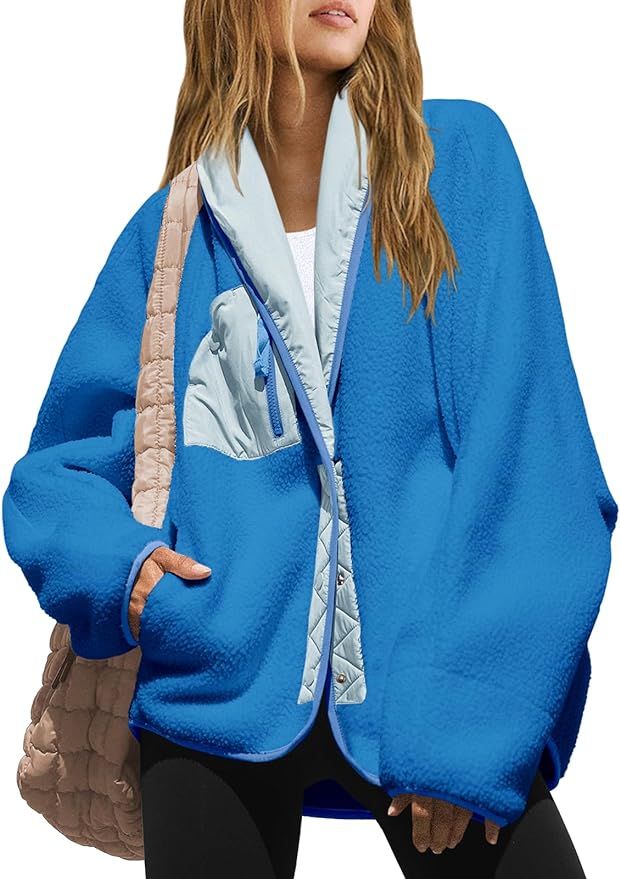 Nirovien Womens Fuzzy Fleece Jacket Shawl Collar Sherpa Coats Button Down Colorblock Warm Outwear... | Amazon (US)