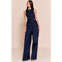Indigo Blue Chambray Denim Wide Leg Trousers, Indigo | PrettyLittleThing UK