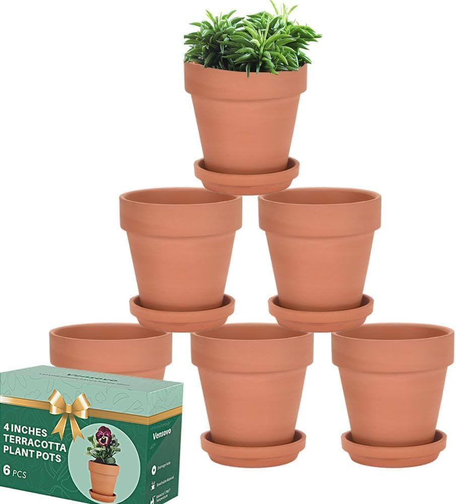 vensovo 4 Inch Terracotta Plant Pots with Saucer - 6 Pack Clay Flower Pots with Drainage, Great f... | Amazon (US)
