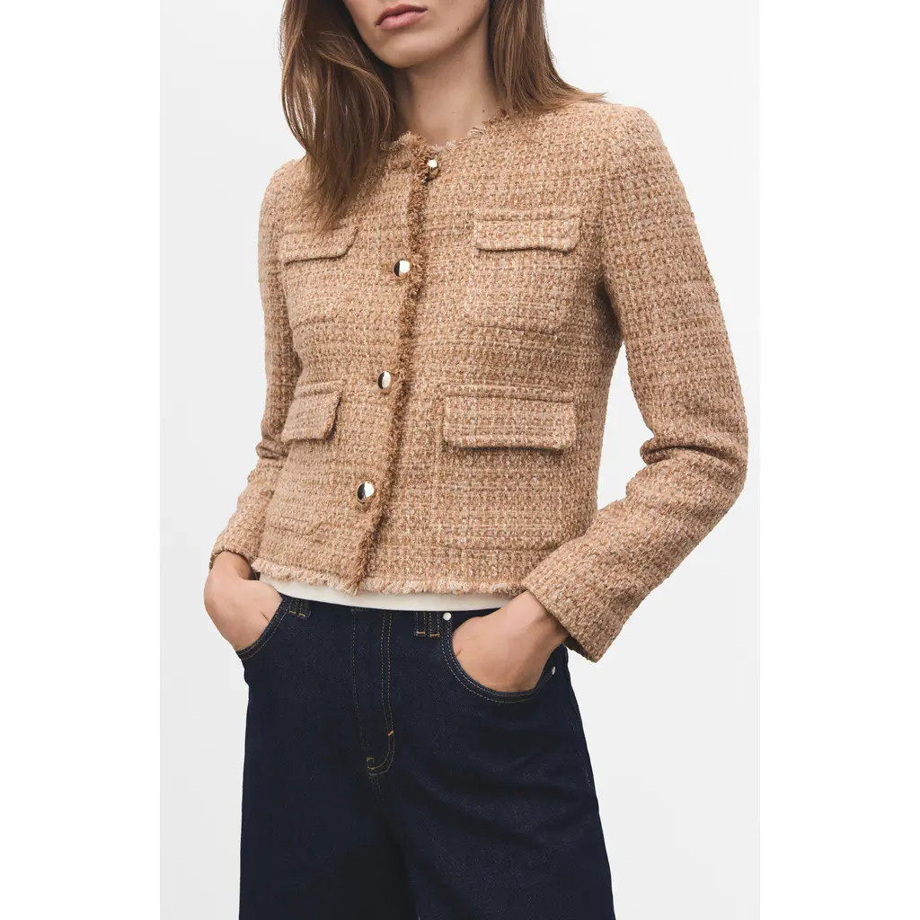 MANGO Fray Trim Tweed Crop Jacket in Medium Brown at Nordstrom, Size 2 X | Nordstrom