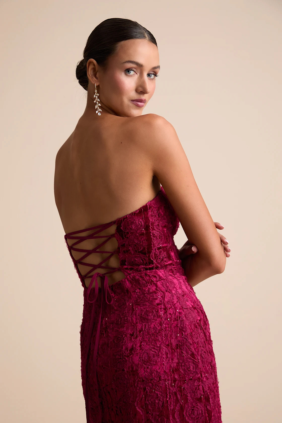 Chic Grace Burgundy Velvet Floral Applique Strapless Maxi Dress | Lulus