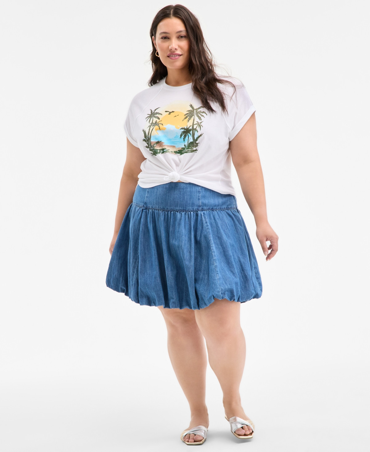 On 34th Trendy Plus Size Denim Bubble-Hem Mini Skirt, Exclusively at Macy's - Tinted Ltm | Macy's