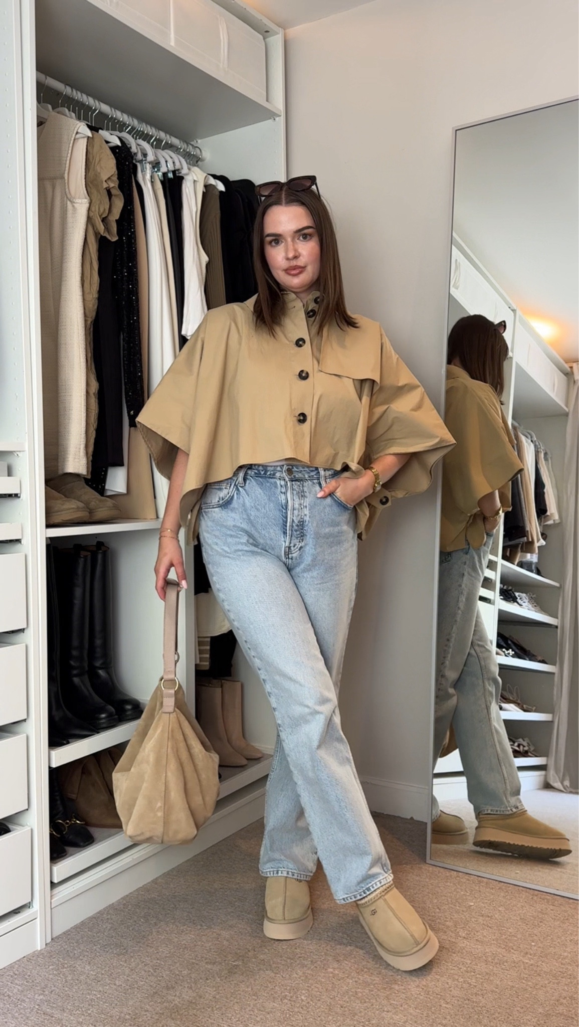 Ugg Tazz mustard seed, reformation straight leg high waist Cynthia jeans, cos clean cut white t shirt, cos trench cape jacket, Russell & Bromley beige suede slouch handbag 

#LTKuk #LTKautumn #LTKstyletip