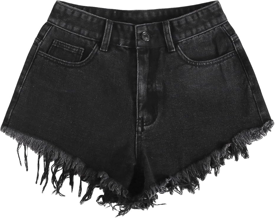 SOLY HUX Women's High Waisted Raw Hem Embroidery Denim Jean Shorts with Pockets | Amazon (US)