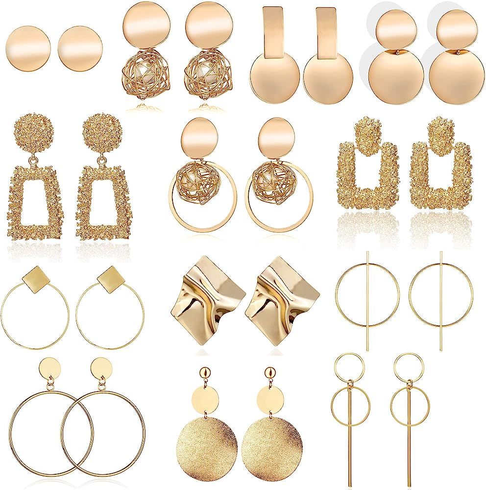 13 Pairs Statement Drop Dangle Earrings, Gold Stud Earrings for Women & Fashion Big Geometric Earrin | Amazon (US)