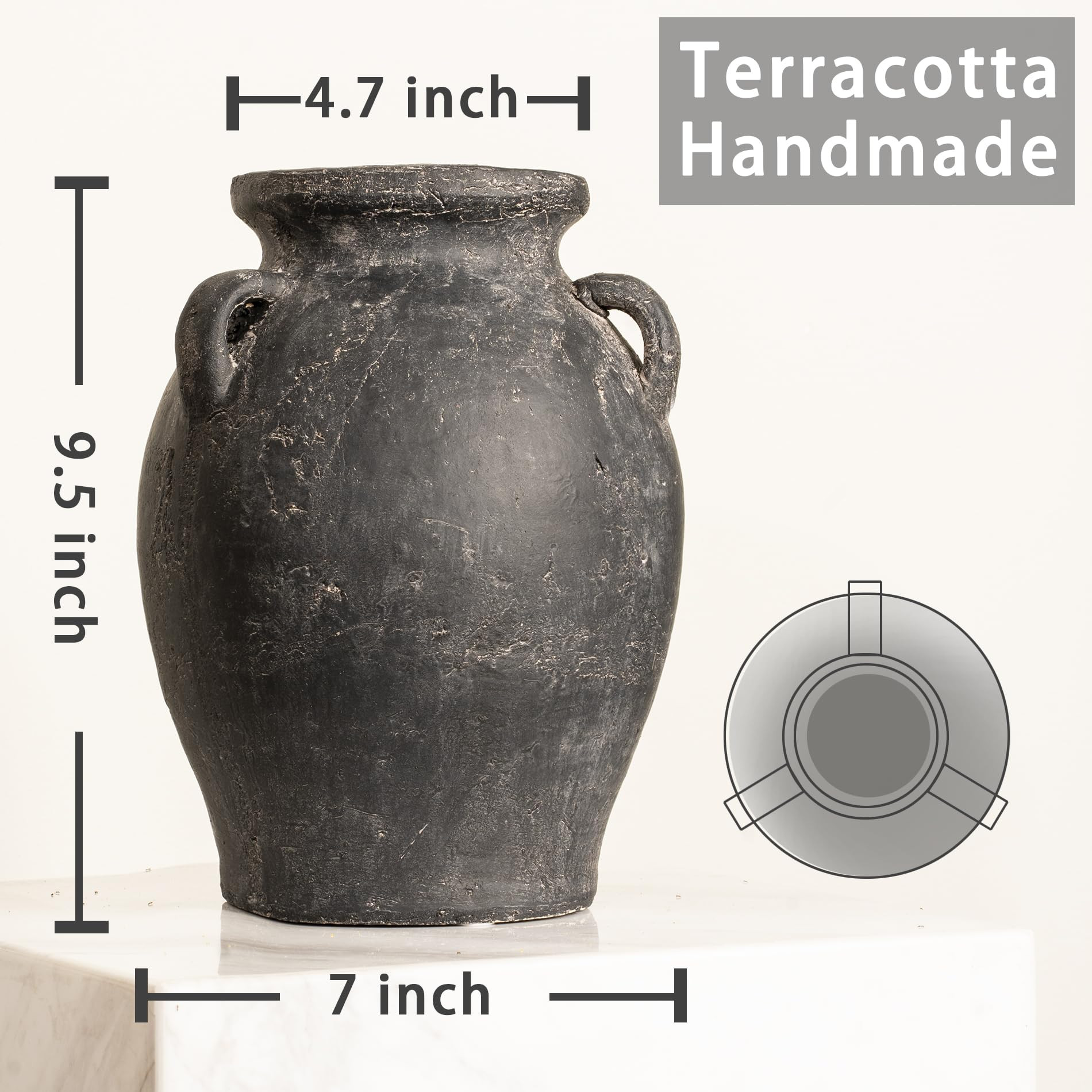 Terracotta Vase with 3 Ear | Handmade Black Ceramic Pottery 9.5'' Tall | Large Distressed Unique ... | Amazon (US)