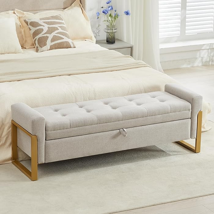 57" Storage Bench, Linen Upholstered End of Bed Storage Bench with Metal Legs & Button-Tufted, La... | Amazon (US)