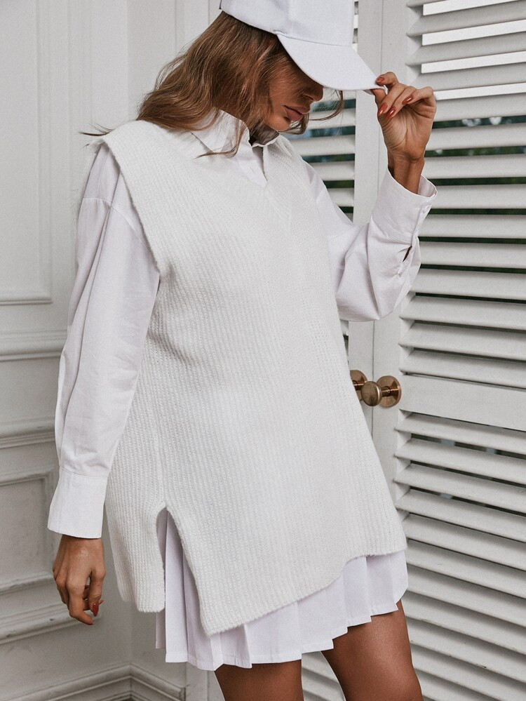 Solid Ribbed Split Side Sweater Vest | SHEIN