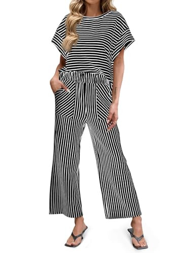 Tankaneo Womens Striped 2 Piece Sets Short Sleeve T Shirts Wide Leg Pants Matching Lounge Set wit... | Amazon (US)