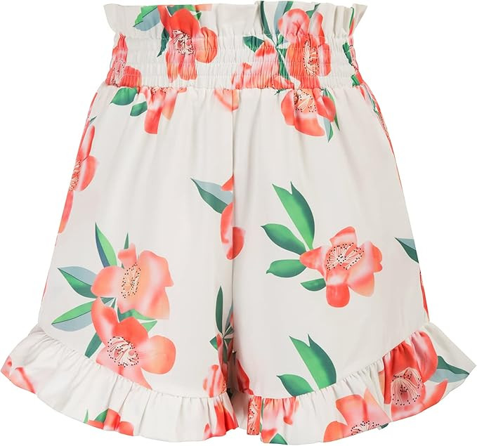 Belle Poque Women's Elastic Waist Wide Leg Shorts Casual Ruffle Summer Beach Shorts with Pockets | Amazon (US)