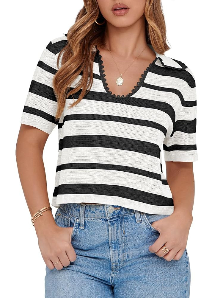 Saodimallsu Womens Cropped Striped Sweater Top Summer Short Sleeve V Neck Collared Going Out Tren... | Amazon (US)