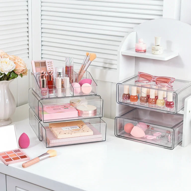 Vtopmart 4 Tier Clear Makeup Organizer with Drawer, Plastic Cosmetic Storage, Beauty Holder | Walmart (US)