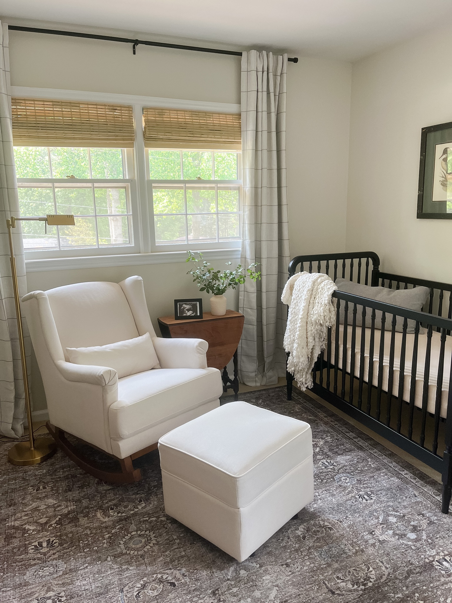 Nursery decor, vintage nursery, black crib, nursery rocker, nursery glider, floor lamp, dimmable lamp, bamboo shades 

#LTKkids #LTKhome #LTKbaby