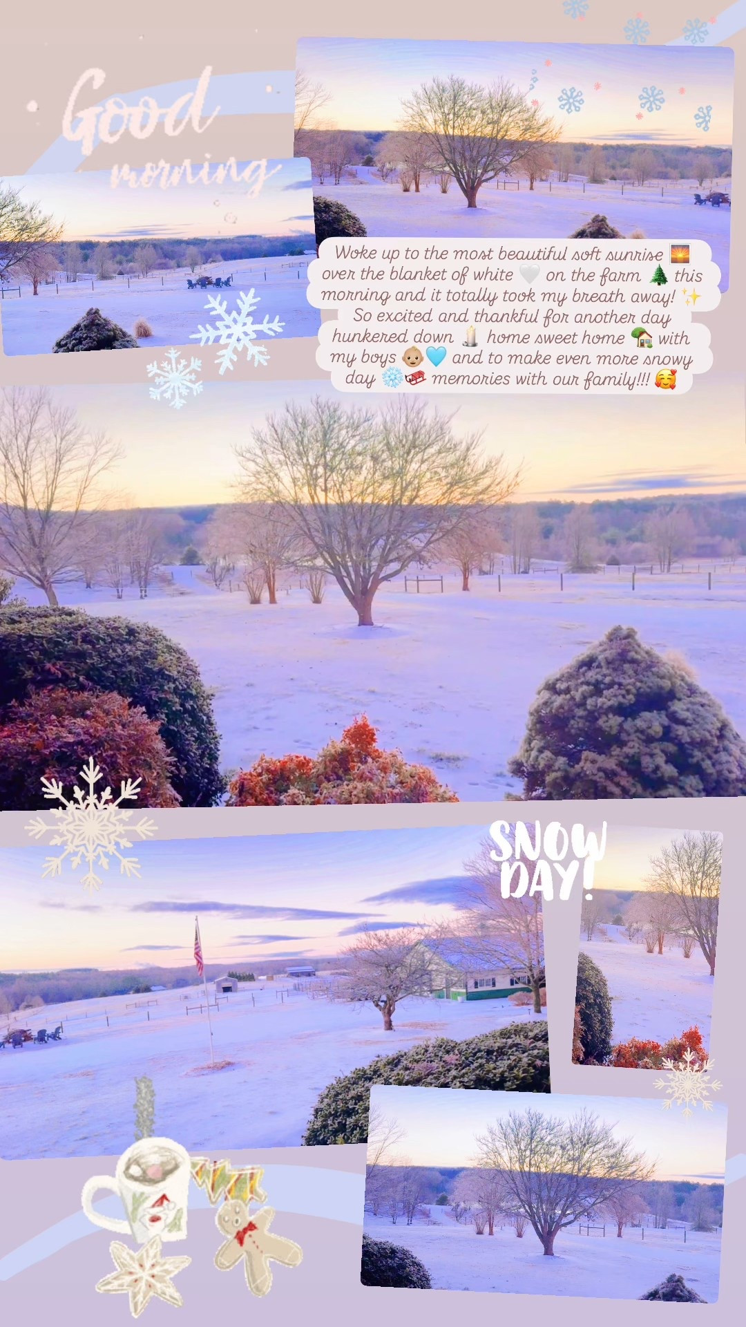 Woke up to the most beautiful soft sunrise 🌅 over the blanket of white 🤍 on the farm 🌲 this morning and it totally took my breath away! ✨ So excited and thankful for another day hunkered down 🕯️ home sweet home 🏡 with my boys 👶🏼🩵 and to make even more snowy day ❄️🛷 memories with our family!!! 🥰