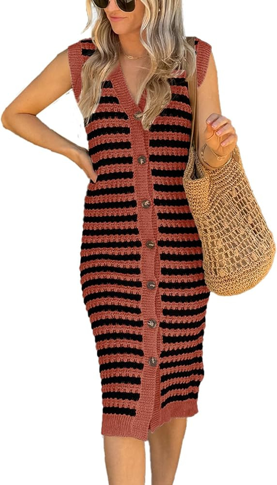 BLENCOT Women's V Neck Striped Sweater Tank Dress Causal Sleeveless Button Cardigan Midi Cover Up... | Amazon (US)