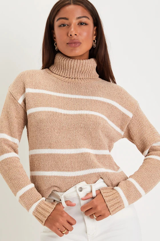 Fashionable Aura Beige Striped Chenille Knit Turtleneck Sweater | Lulus (US)