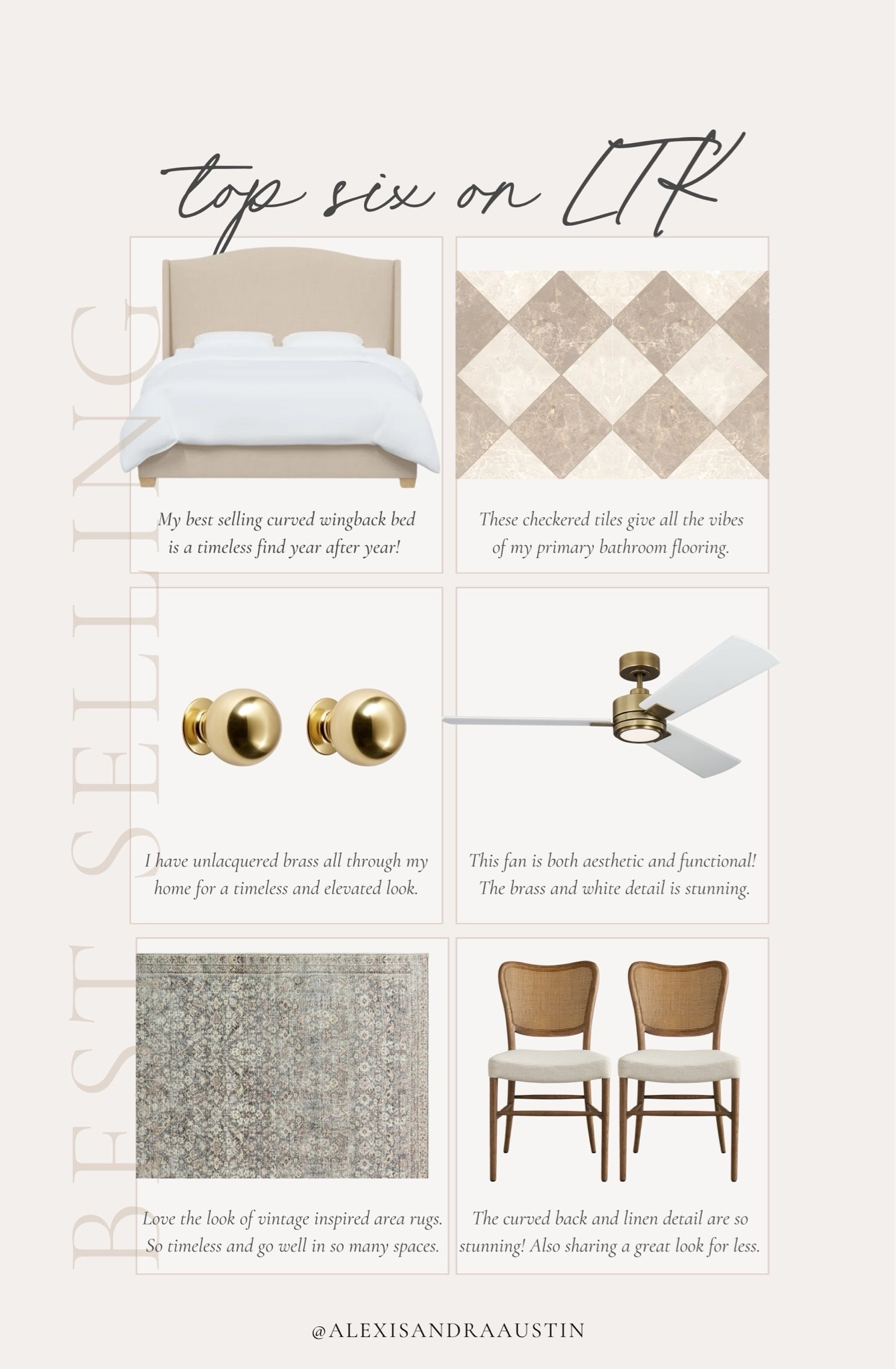 This week’s top six best sellers on LTK! From furniture staples to inspired tile details, find all of this week’s favorites here.

Home finds, neutral home inspo, best sellers, furniture favorites, neutral wood tones, accent chair, neutral wood tones, vintage inspired area rug, checkered tile, ceiling fan, brass details, living room refresh, dining room refresh, bedroom refresh, Wayfair, Galey Alix, Arhaus, Rejuvenation, summer refresh, collected style, shop the look!

#LTKSeasonal #LTKHome