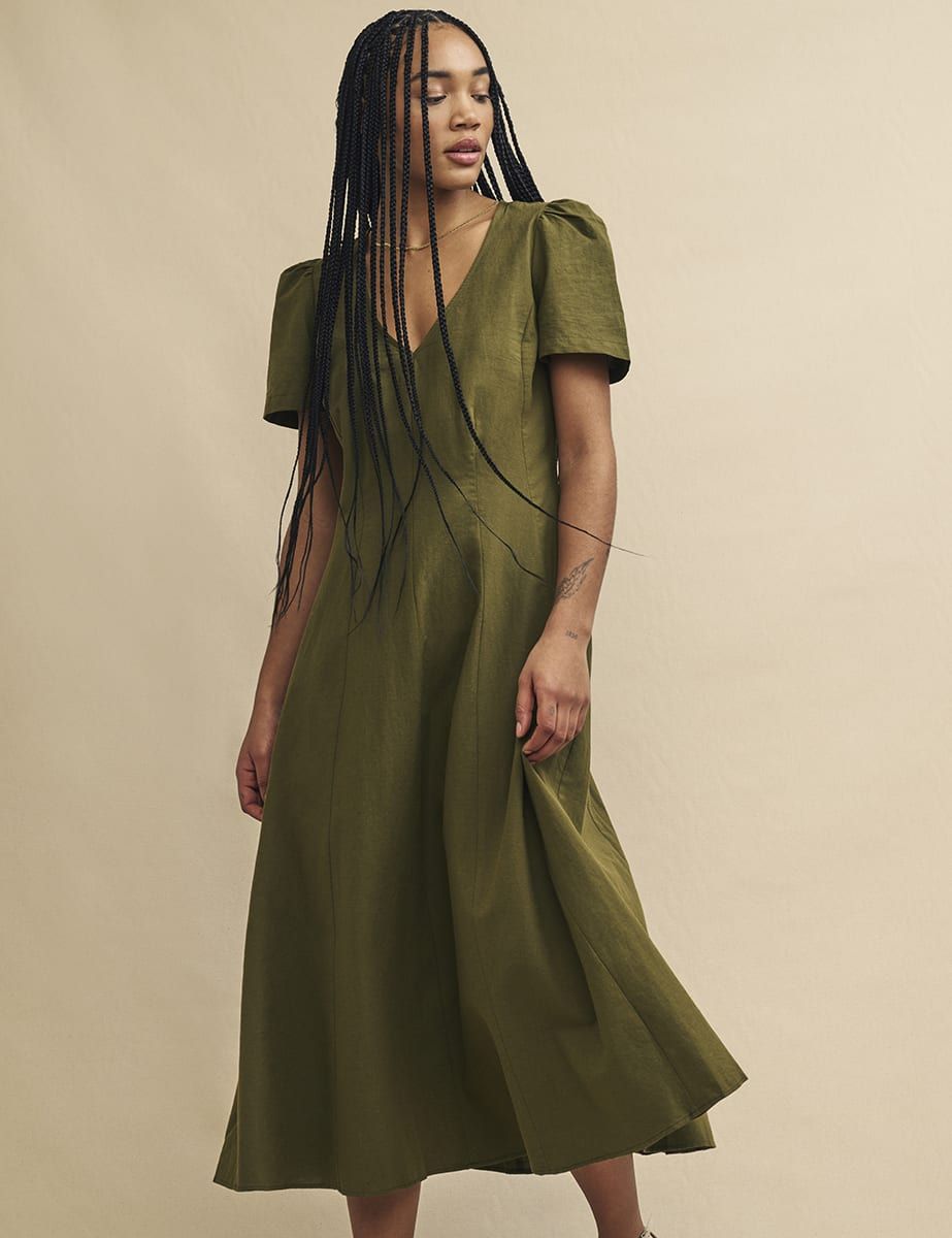 Olive Green Linen-blend Muriel Midi Dress | Nobody's Child