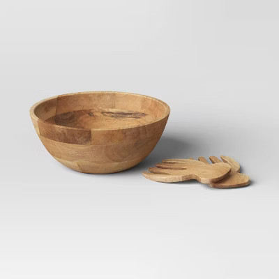 3pc Wood Salad Bowl Set with Utensils - Threshold™: Large Round Serving Bowl, Natural Brown, FS... | Target