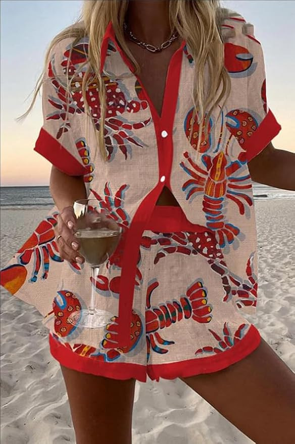Women's 2 Piece Outfits Short Sleeve Button Down Shirt and Drawstring Shorts Set Casual Summer Va... | Amazon (US)