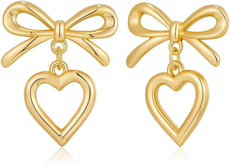 FAUTHENTICUTE Gold Heart Dangle Earrings For Women Ribbon Bow Dangle Earrings | Amazon (US)