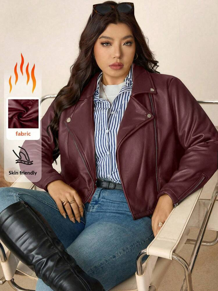 Zelara Plus Size Casual Solid Color Turndown Collar Jacket, Autumn Double Fleece Warm For Fall/Winter Winter Clothes Padded Coats Winter Coats,Stylish Everyday Wear,Office Wear, Old Money,Everyday Casual Holiday Outfit | SHEIN