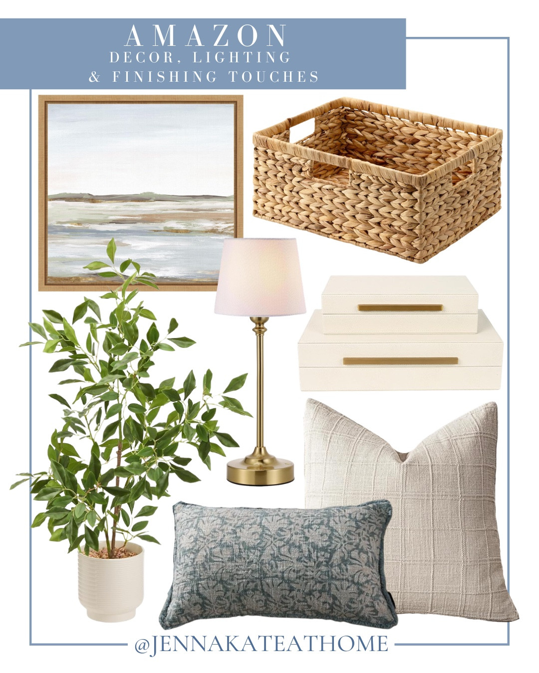 Finishing touches from Amazon include decorative boxes, basket, wall art, faux plant, decorative pillows, table lamp,

Home decor, looks for less, coastal home

#LTKHome #LTKSaleAlert #LTKSeasonal